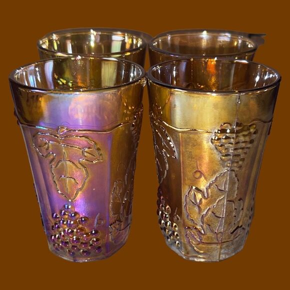 Vintage Indiana Carnival Harvest Iridescence Glasses Harvest Gold Grape Set of 4 - Picture 1 of 5